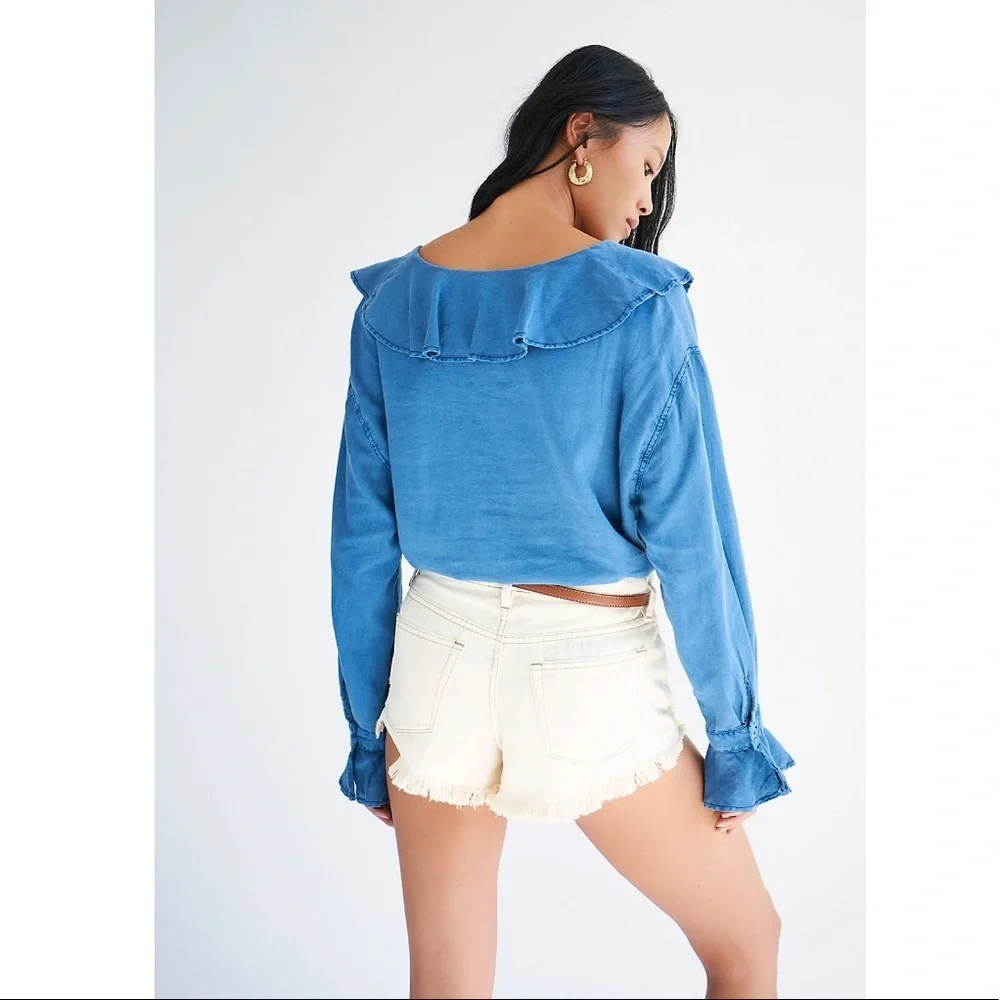 Free People Navy Blue Ruffle Dolman Sleeve Blouse S NWT